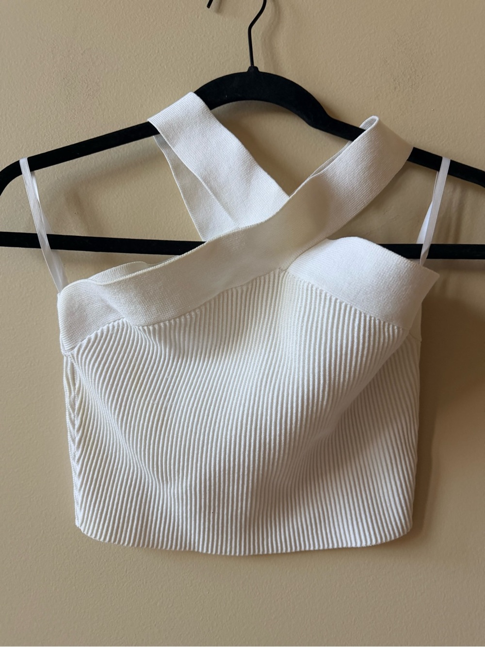Babaton White Ribbed Cross-Strap Crop Top